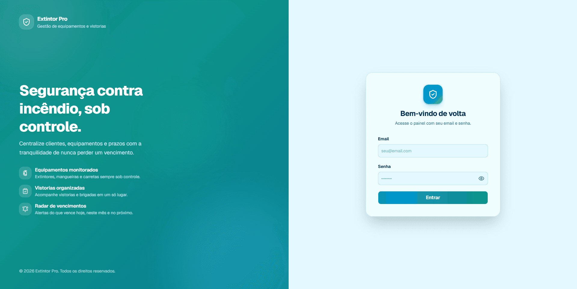 Tela de login do Extintor Pro com campos de acesso ao sistema